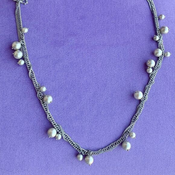 J Crew chain dangling pearl and double chain necklace-28” long - Picture 1 of 7